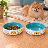 Köpek Mama ve Su Kabı Seramik Porselen Kase İkili Set, 600 ml, 15 cm, Sırlı Yüzey, Bulaşık Makinesinde Yıkanabilir, Desenli, Geniş Ağızlı, Kaymayan Ağırlıkta, turkuaz