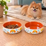 Köpek Mama ve Su Kabı Seramik Porselen Kase İkili Set, 600 ml, 15 cm, Sırlı Yüzey, Bulaşık Makinesinde Yıkanabilir, Desenli, Geniş Ağızlı, Kaymayan Ağırlıkta, turuncu