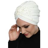 Kopma Astarlı İşlemeli Krem Dantel Motifli Hazır Türban Tesettür Abiye Bone
