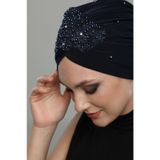 Kopma Astarlı İşlemeli Lacivert Dantel Motifli Hazır Türban Tesettür Abiye Bone