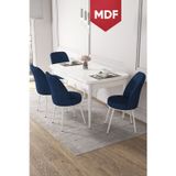 Kor Serisi, 70x114 Açılabilir MDF Beyaz Yemek Masası Takımı,4 Lacivert Sandalye