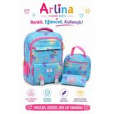 Kore Model 3 Lü Set Su Geçirmez Kız Çocuk Çantası Mavi-Pembe Çanta-Beslenme-Kalemlik Seti