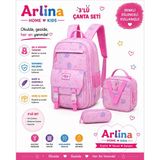 Kore Model 3 Lü Set Su Geçirmez Kız Çocuk Çantası Pembe Çanta-Beslenme-Kalemlik Seti
