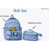 Kore Tarzı Kawaii 2'li Okul Çantası Seti - 2 Ana 3 Ara Cepli Sırt Çantası & Termal Beslenme Çantası (Peluş Hediyeli) - Mavi