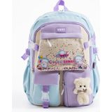 Kore Tarzı Kawaii Aksesuarlı Kız Çocuk Ilkokul Çantası - 5 Bölmeli Su Geçirmez - Sırt Çantası - Mavi - Mor - 44-30-20