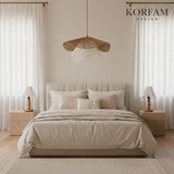 KorFam BREEZE Modeli Kahverengi & Beyaz Avize & Abajur Set - Hasır El Yapımı Bohem Avize 2'li Ahşap Ayaklı Rustik Abajur Set - Beyaz - Kahverengi