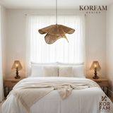 KorFam BREEZE Modeli Koyu Kahverengi Avize & Abajur Set - Hasır El Yapımı Bohem Avize 2'li Ahşap Ayaklı Rustik Abajur Set