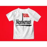 Korkma Yazısı ve Türk Bayrağı Baskılı Pamuklu Bisiklet Yaka Çocuk Tshırt - Beyaz