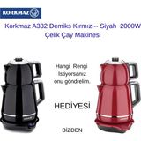 Korkmaz A332 Demiks Kırmızı Veysa Siyah 2000 W Çelik Çay Makinesi + Stanley Klasik Gri 0.23 Lt Çelik Termos Bardak Hediye - Siyah - Kırmızı