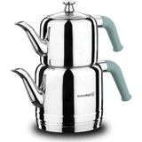 Korkmaz Çaydanlık 18/10 Paslanmaz Çelik Tripleks Taban Cam Kapak 1.1+1.9 Litre Isıya Dayanıklı