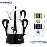 Korkmaz Modern Siyah Semaver Pratik Kullanım Sunan Büyük Kapasiteli Çelik Çay Hazırlama Makinesi + Beşiktaş Fincan Seti