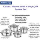 Korkmaz Steama A1999 8 Parça Çelik Tencere Seti + Korkmaz Ornella 26X5 cm Tava Hediye - Gri - Ölçüler: 16x8 cm / 1.6 lt 20x10 cm / 3 lt 24x12 cm / 5.5 lt 24x7 cm / 3 lt