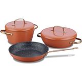 Korkmaz Vintage Granit Kaplamalı 5 Parça Tencere Seti Turuncu Renk Ergonomik Tasarım