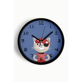 Korsan Kedi Çizimli Çocuk Odası Duvar Saati - 35cm - Önü Camlı Siyah Kasa - Sessiz Mekanizma, JH1136S35SKP