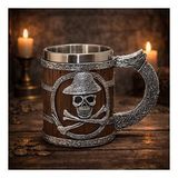 Korsan Kurukafa Figürlü Ahşap Fıçı Tasarımlı Dekoratif Kupa Bardak Metal İç Hazneli Fantasy Mug