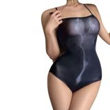 Korse Etkili Ayarlanabilir Askılı Parlak Transparan Özel Bölgesi Açık Siyah Kadın Fantezi Vücut Çorabı, Bodysuit