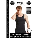 #korseatlet Göbek Sıkılaştırıcı Dik Duruş Vücut Bel Göğüs Toparlayıcı Kolsuz 2'li Erkek Korse Atlet - Siyah - M