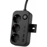 Korumalı 3'lü Topraklı Çoklu Priz 3680W 16A, 2 Usb-A + 2 Type-C Şarj Çıkışlı, Anahtarlı, Çocuk Korumalı, 1 Metre Uzatma Kablosu, Duvara Monte Edilebilir - Siyah - Standart
