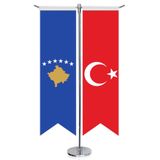 Kosova Cumhuriyeti Bayrağı ve Türkiye - Kırlangıç - Saten T direk 2li Masa Bayrağı