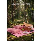 Kosova Lüks 4 Parça Piknik Seti - Hasır Sepet ve 160 x 160 cm Örtü , 2 Adet Yastık fırfırlı