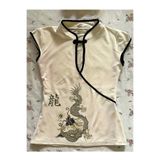 Köstebek China Style Mandarin Yaka Vintage Dragon Kısa Kollu Bluz
