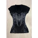 Köstebek Gothic Style Angel Wings Siyah Kısa Kollu Bluz