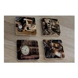 Köstekli Saat Daktilo Fotoğraf Makinesi Tüy Kalem Doğal Taş Bardak Altlığı 4'lü set - Natural Stone Coasters