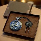 Köstekli Zincirli Cep Saati - Antika Bronz Görünümlü - Roma Rakamlı Motifli - Özel Kutulu - Çok Renkli