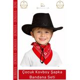 #Kostüm Çocuk Kovboy Şapkası Western Kostüm Aksesuarı Kırmızı Fular Siyah Kırmızı Bandana Seti