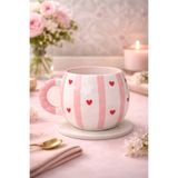 Kotium Ceramics Kabartma Kupa PEMBE ŞERİT KALP ‘ Lİ Özel Kabartmalı Tamamıyla El Yapımı Seramik Kupa
