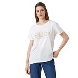 Koton 001 Kadın Kırık Beyaz Taş İşlemeli Kısa Kollu Bisiklet Yaka T-shirt