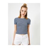 Koton 1KAL18149OK Mavi Bisiklet Yaka Kisa Kollu Slim Fit Çizgili Kadın T-shirt