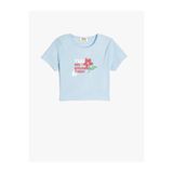 Koton 2SKG10559AK Crop Çiçek Baskılı Kısa Kollu Bisiklet Yaka Pamuklu Pembe Kadın T-shirt