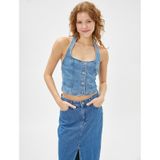 Koton 3SAL30012MD Açık İndigo Crop Halter Yaka Kadın Kot Yelek