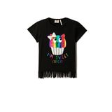 Koton 999 Kız Çocuk T-shirt Kedi Baskılı Kısa Kollu Püsküllü Bisiklet Yaka Pamuklu Siyah