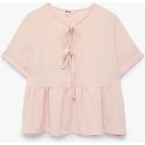 Koton Aerobin Kumaş Yuvarlak Yaka Önden Bağlama Detaylı Kısa Kollu Peplum Bluz - 36 - Pembe