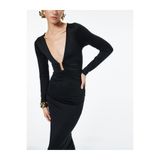 Koton Aksesuar Detaylı Uzun Kollu Slim Fit Derin V Yaka Maxi Bodycon Elbise