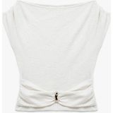 Koton Aksesuarlı Slim Fit Pamuklu Kayık Yaka Kolsuz Floral Dokulu Asimetrik Bluz - XL - Ekru