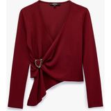 Koton Asimetrik Kesim Aksesuar Detaylı Kruvaze V Yaka Uzun Kollu Bluz - Bordo - XL