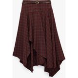Koton Asimetrik Kesim Midi Boy Kemerli Ekose Etek - Bordo - 34