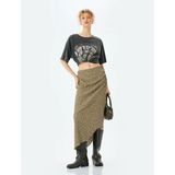 Koton Asimetrik Slim Fit Yüksek Bel Drapeli Çiçekli Midi Etek - Yeşil - XS