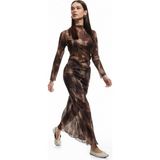 Koton Astarlı Batik Desenli Slim Fit Midi Boy Etek - Kahve - 2XL