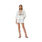 Koton Balon Kol Bluz Etnik Desenli İşlemeli Yakası Bağlamalı Pamuklu Rahat Kalıp