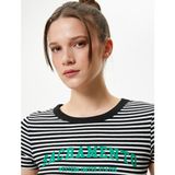 Koton Baskılı Crop Tişört Kısa Kollu Bisiklet Yaka Slim Fit Ribanalı - Siyah