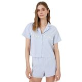 Koton Baskılı Rahat Kalıp Kısa Kollu Çizgili Gömlek Yaka Pijama Üstü