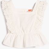 Koton Bluz Kolsuz Brodeli Fırfırlı Kare Yaka Pamuklu - Beyaz - 6 - 9 Ay
