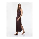 Koton Bürümcük Kumaş Tek Omuz Kolsuz Slim Fit Drapeli Uzun Elbise