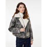 Koton Cepli Fermuarlı Eskitilmiş Süet Görünümlü Içi Suni Kürklü Crop Biker Mont - 36 - Gri
