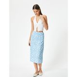 Koton Çiçekli Midi Kalem Etek Drape Detaylı Yüksek Bel Rahat Kalıp Dokulu - XS - Mavi