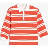 Koton Çizgili Uzun Kollu Düğme Detaylı Polo Yaka Sweatshirt - 9 - 10 Yaş - Kırmızı